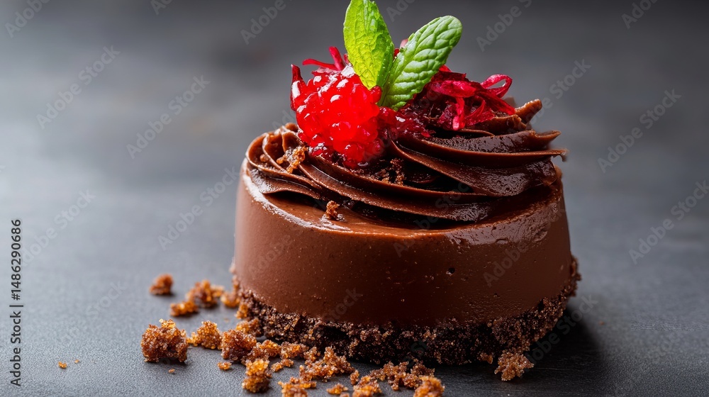 Poster chocolate dessert with frosting is garnished with raspberry and mint leaves on a dark surface.