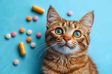 Curious Tabby Cat Surrounded by Colorful Pills on Blue Background for Veterinary Concept