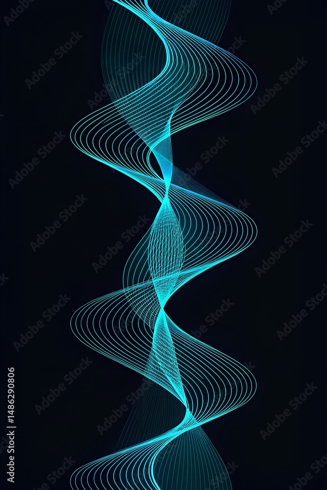 Poster abstract blue glowing waves flowing across a black background representing data visualization