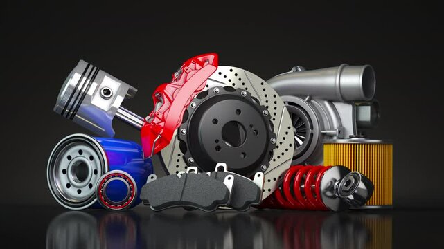 Car parts or auto car spare for maintenance on black background