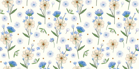 Repeating Floral Pattern With Blue, White, And Light Yellow Flowers On A Pale Background.