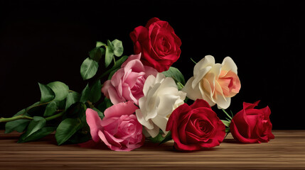 Fototapeta premium A vibrant arrangement of red, pink, and white roses rests gently upon a rustic wooden surface against a dark backdrop, showcasing beauty and elegance in nature.