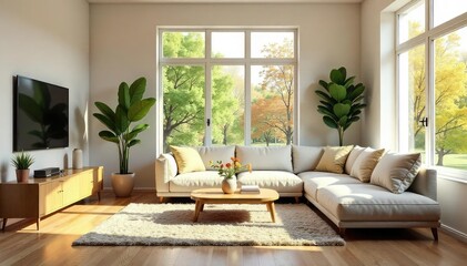Bright, sunlit living room with comfortable furniture and large windows , relaxing, sun