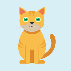 Cute cartoon ginger cat sitting against a light blue background illustration