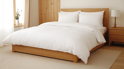 Minimalist Bedroom Scene: Clean White Bedding on Wooden Frame with Natural Light and Simple Decor