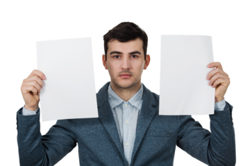 Depressed Businessman holding two blank papers isolated on transparent background