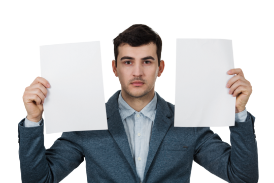 Depressed Businessman holding two blank papers isolated on transparent background