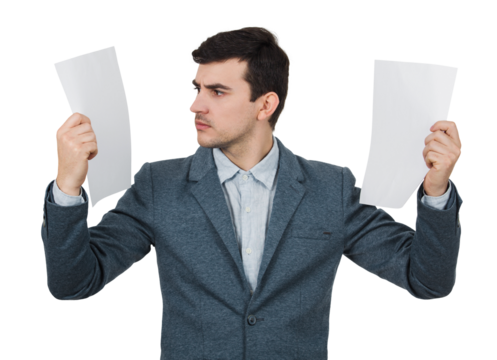 Surprised young accountant holding two papers in his hands, looking shocked aside isolated on transparent background