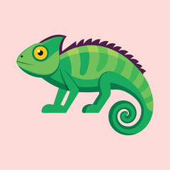 Cartoon illustration of a green chameleon with striped pattern and curled tail