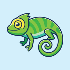 Cartoon Illustration of a Cute Green Chameleon with Large Yellow Eyes