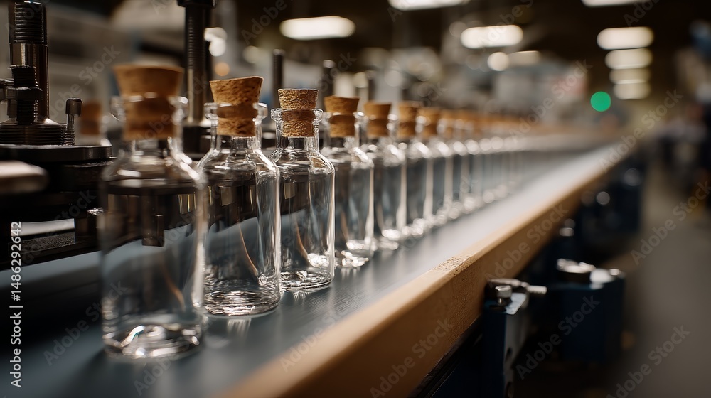 Poster Vials are neatly arranged on a production line as they move through the manufacturing process, showcasing the careful filling and sealing in progress