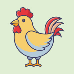 A cute cartoon rooster illustration with bright colors on a pastel background