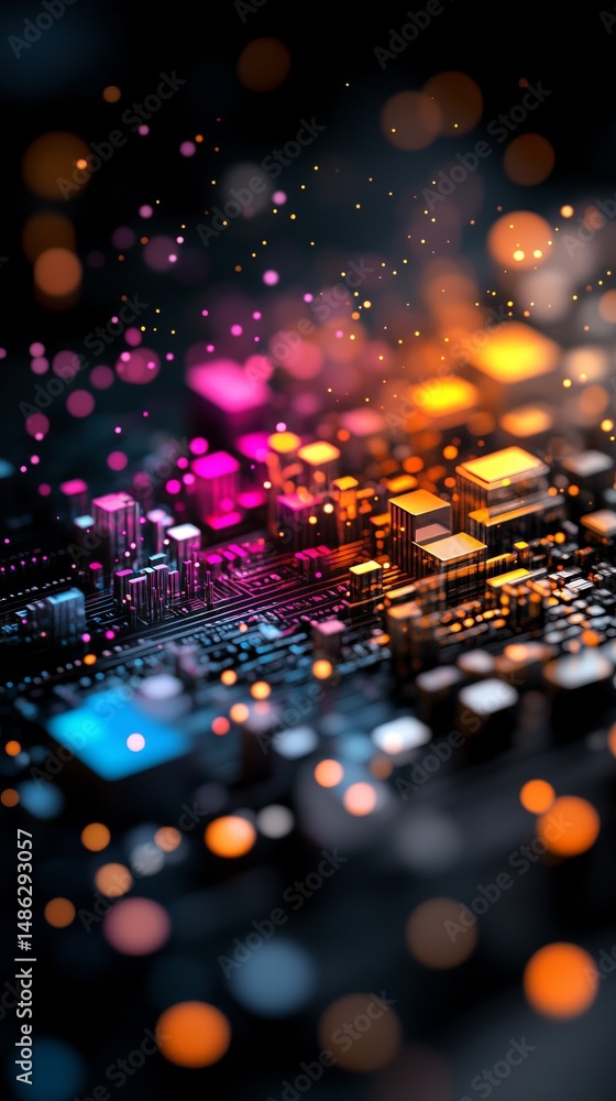 Poster circuit board with geometric structures and scattered lights displays intricate technological design
