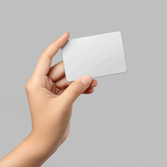 Human hand presenting blank white credit card angled view neutral background