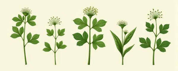 Botanical illustration of diverse green plants with detailed leaves and blossoms.