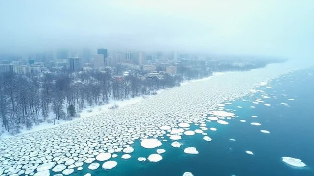 Drone view of ice floes in the sea bay and city view