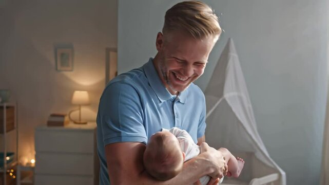 happy father with newborn baby in room