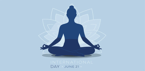 Obraz premium International Yoga Day - 21st June with Meditating Silhouette and Yoga Pose on Blue Gradient Background for Banner, Poster, and Templates etc