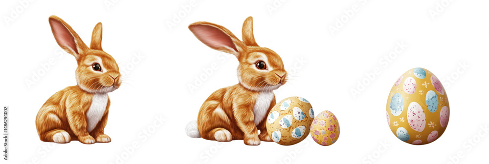 Poster cute rabbit with colorful easter eggs in a festive spring setting, isolated on transparent backgroun