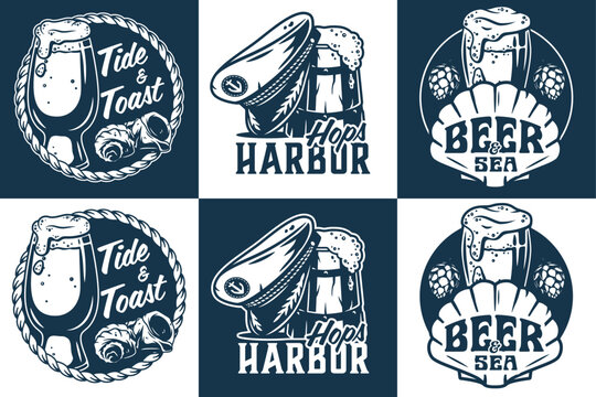 Nautical monochrome set featuring beer related elements. Includes captain hat, wooden mug, pint glass, seashells, hops. Designed for brewery or pub branding with strong seafaring theme presence