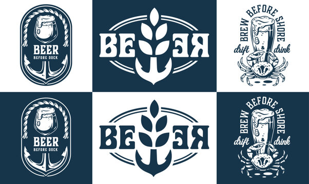 Vintage nautical monochrome collection featuring beer glass, anchor, rope, crab, barley, ideal for brewery, pub, bar logos, marine themed branding, and coastal craft beer designs.