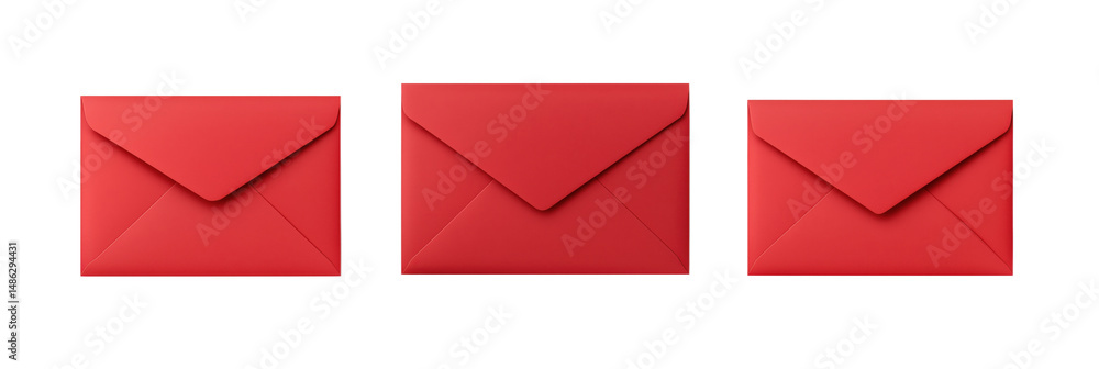 Poster red envelopes arranged in a row on white background for invitations or greetings, isolated on transp