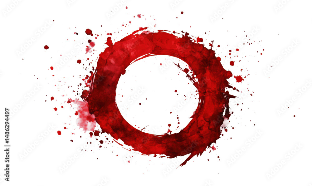 Poster red circular ink splash design with artistic splatters and abstract elements, isolated on transparen