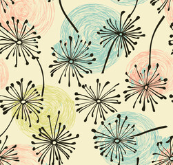 Seamless Pattern Of Dandelion Seed Heads Against A Pastel Background With Circular Accents.
