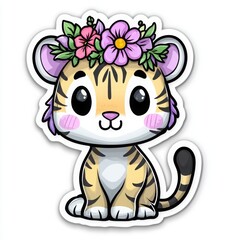 Cute cartoon tiger cub wearing a flower crown with flowers 