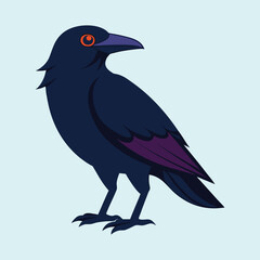 Stylized Illustration of a Raven with Bright Orange Eyes on Light Blue Background
