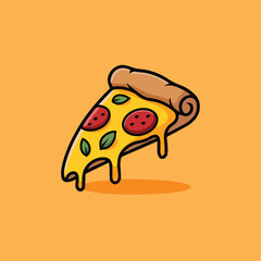 Cute cartoon pepperoni pizza slice floating on orange background. Melty cheese, basil, and clean lines in a warm, simple style. Perfect for food, kids, and sticker art.