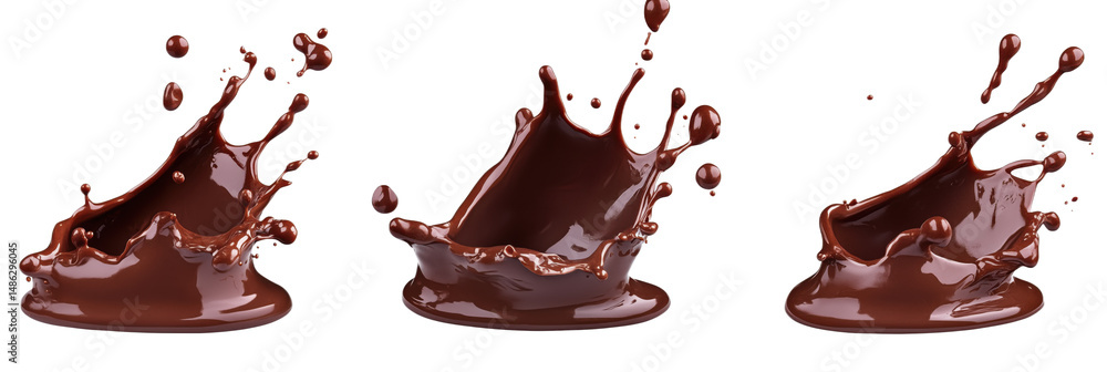 Poster chocolate splash in three dynamic forms showcasing fluid motion and texture, isolated on transparent