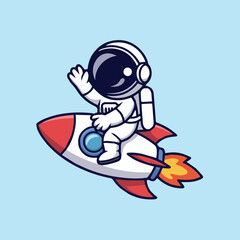 Cute cartoon astronaut waving while riding red and white rocket on light blue background. Simple kid-friendly space art with bold colors, flames, and clean lines.