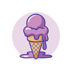 Melting pink-purple ice cream in waffle cone with blue outline, dripping inside a light purple circle. Minimalist cartoon vector perfect for summer designs and prints.
