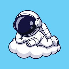 A cute cartoon astronaut resting on a fluffy white cloud in space. Minimalist design with clean lines, light blue background, and peaceful floating pose.