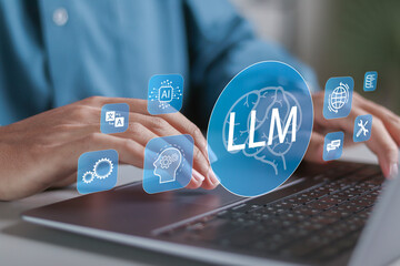 Fototapeta na wymiar LLM, AI large language model concept, Big data, data transfer, generative Ai, natural language generative and data mining. Businessman using laptop with large language model icon on virtual screen.