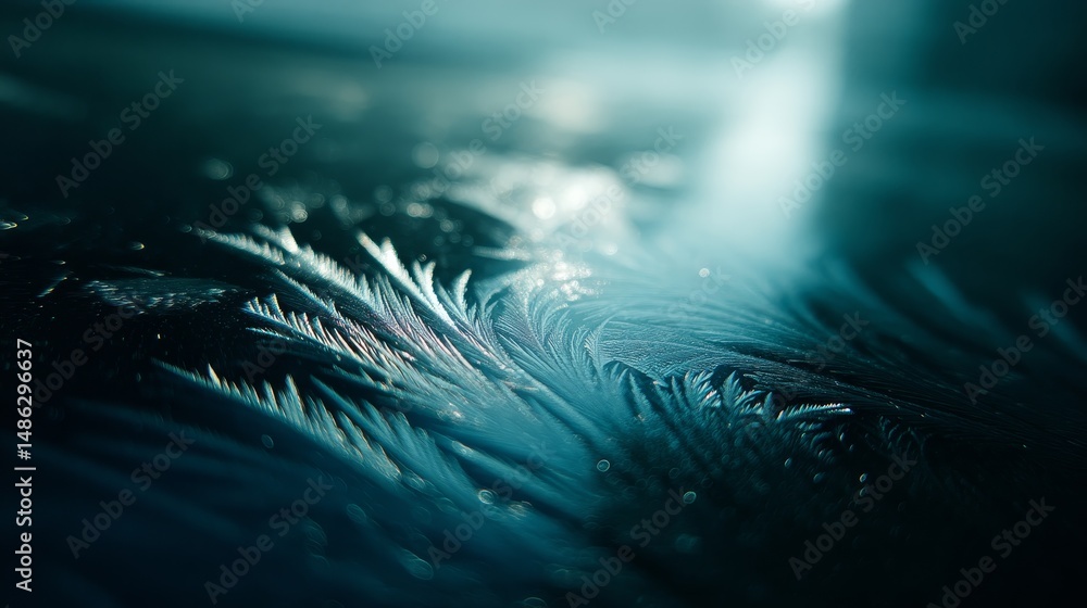 Poster Close-up view reveals delicate frost patterns on a window, intricately designed and illuminated in soft blue light, showcasing nature's artistry in winter
