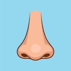 Minimalist cartoon-style human nose illustration with peach-pink color, brown outlines, soft shading, and glossy 3D look. Centered on a light blue background.