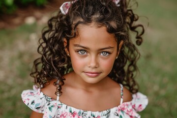 A young girl with curly hair and striking green eyes looks confidently at the camera outdoors.