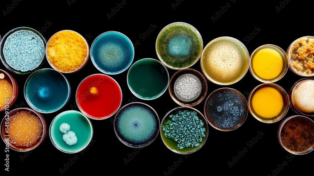 Poster vibrant petri dishes filled with diverse microbial growths sit on a lab bench, illuminated by bright