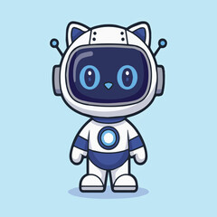 Cute robotic cat in white and navy spacesuit with glowing blue eyes, standing on light blue background. Minimalist, tech-style vector mascot in futuristic cartoon design.