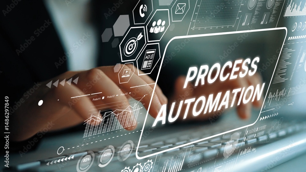 Poster Close-up of Hands Typing on Keyboard with Overlay Text about Process Automation and Digital Transformation Concepts. Asymptotic smart data analytic.