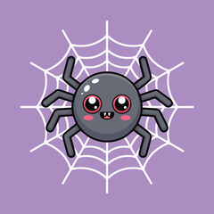 Cute kawaii-style cartoon spider with red eyes and a smile, centered on a white web over a solid purple background. Minimalist design with clean lines and soft shading.