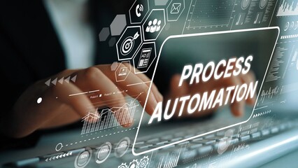 Close-up of Hands Typing on Keyboard with Overlay Text about Process Automation and Digital Transformation Concepts. Asymptotic smart data analytic.