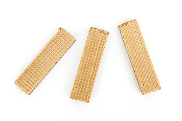 Tasty chocolate wafer biscuits isolated on white background.