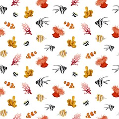 Obraz premium Seamless tropical fish pattern. Underwater marine background with coral reef.