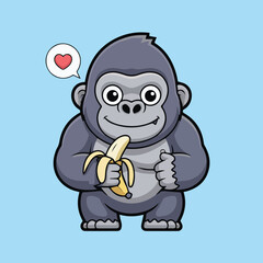 Cute cartoon gorilla with gray body, big black eyes, and a banana, smiling under a speech bubble with a red heart. Child-friendly design on solid light blue background.