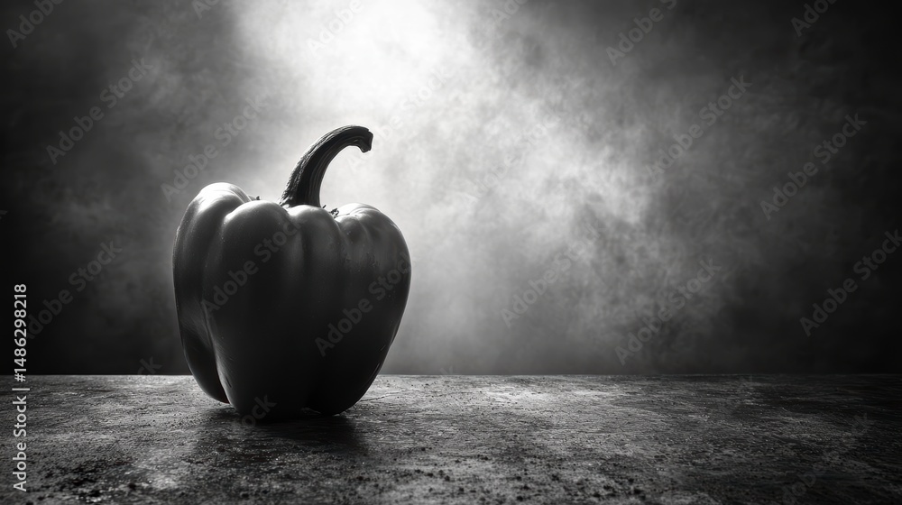 Aufkleber single red bell pepper on dark background with moody lighting.