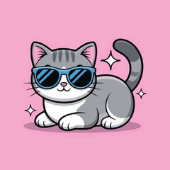 Cute gray and white cartoon cat wearing blue sunglasses, lying relaxed on a solid pink background. Kawaii-style illustration with sparkles and clean, simple lines.