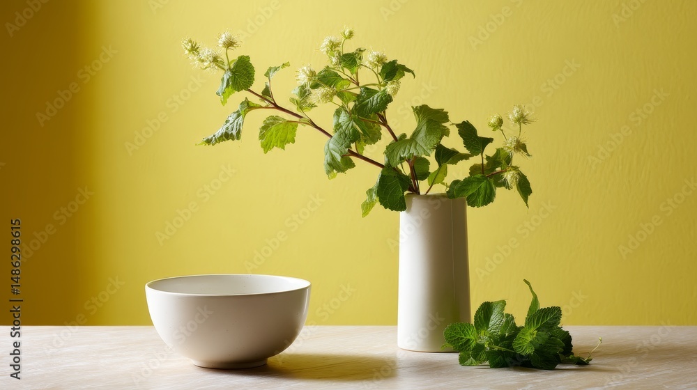 Poster a white bowl rests on a surface paired with a sleek vase containing green leaves, creating a simple 
